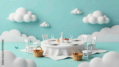 Stylized Dining Table Set in the Clouds with White Chairs and Cloudy Background in a Bright Sky