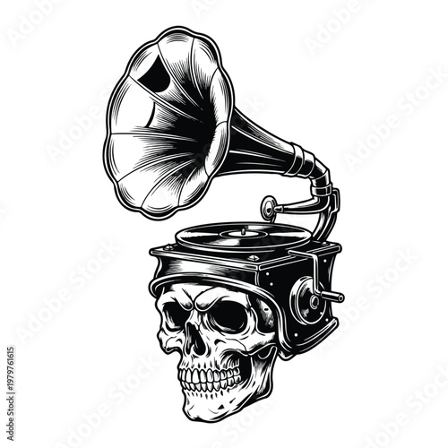 A stylized black and white illustration depicts a vintage gramophone fused with a human skull, creating a gothic and artistic composition against a plain background