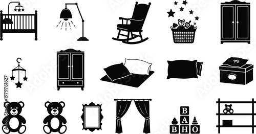 Baby room furniture silhouette collection isolated on transparent background