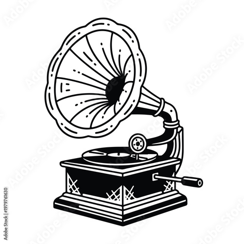 Stylized black and white illustration of a vintage gramophone, depicting an old music player with a horn and turntable, suitable for a tattoo