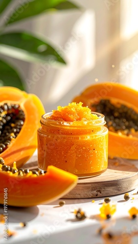 Papaya scrub in a jar, sliced fruit, and green leaves in bright natural lighting