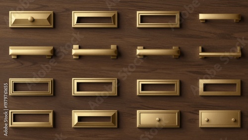 Collection of Elegant Brass Drawer Pull Handles on a Wooden Background with Warm Texture