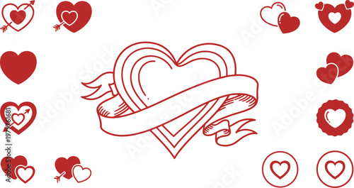 Red hearts with ribbons and romantic symbols collection valentine s day heart shape white background graphic resource