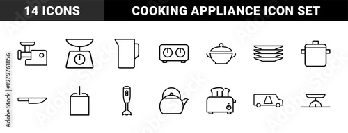 Kitchen essentials and cooking tools minimalist outline icon set
