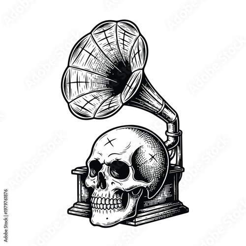 A vintage gramophone with a skull replacing its base sits isolated on a white background, rendered in a detailed illustrative style conveying a dark, gothic mood