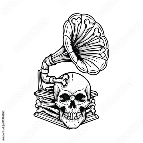 A detailed black and white illustration depicts a human skull resting on a stack of bones, with a vintage gramophone horn emerging from the skull's head, set against a stark white background
