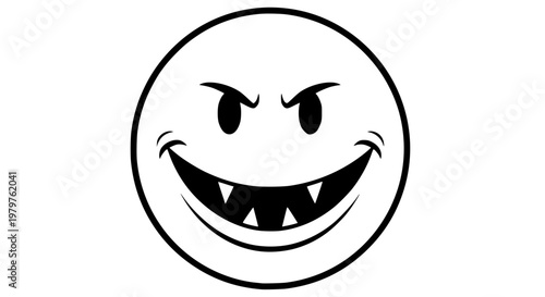 Menacing Vampire Grin Line Art Emoji with Sharp Fangs