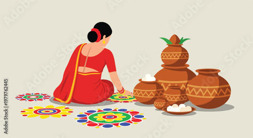 Indian woman in red saree creating colorful rangoli patterns for a traditional festival celebration with clay pots and sweets.