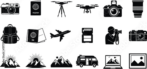Camera drone and travel silhouette icons isolated on transparent background
