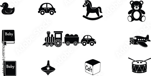 Black silhouette toy icons isolated on transparent background