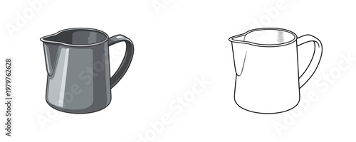 Professional stainless steel milk pitcher in cartoon and line art style with grey and silver tones represents barista equipment for latte art on white background