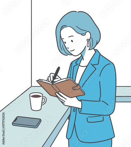 カフェで手帳に書き込む女性（タスク管理・予定管理・仕事・ライフスタイル）