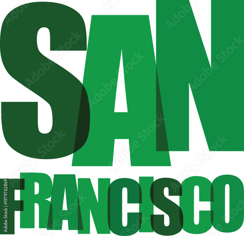 San francisco text illustration with overlapping green letters on a checkered background.