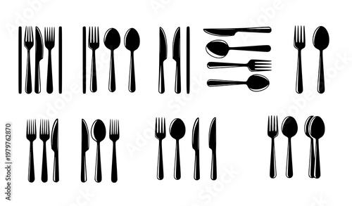 Cutlery icon set – fork, knife and spoon flat silhouette vector