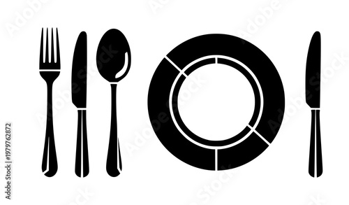 Stencil cutlery icon set – fork, spoon, knife and plate food vector clipart