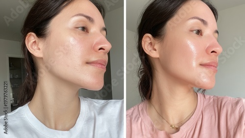 Woman presenting skin transformation, featuring blemish free skin and a natural, healthy her on face glow