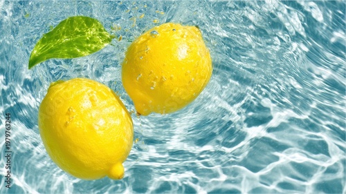 Fresh yellow lemons splashing in cool blue water, creating a refreshing and drink summer healthy concept