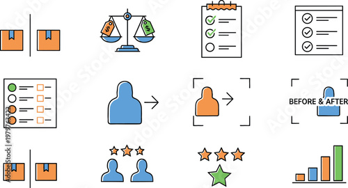 Performance evaluation and business metrics icons set, rating feedback comparison checklist and growth charts, corporate analytics flat vector illustration collection