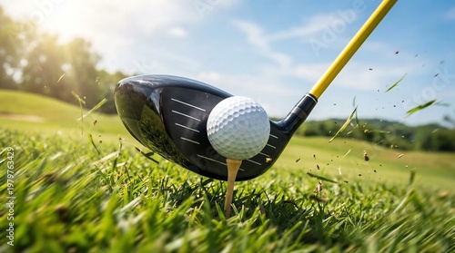 Golf club hitting a golf ball on a sunny green grassy field