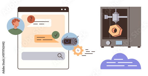 Artificial intelligence, robotics, design, automation, manufacturing, problem-solving. Dialog box with chatbot, robotic element 3D printer creating an object. Artificial intelligence and robotics
