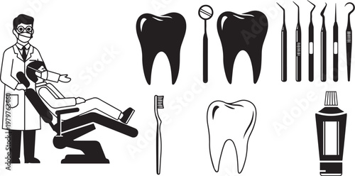 Dental Care Silhouette Set Dentist Patient Teeth Tools Toothbrush and Oral Hygiene Icons Isolated on White