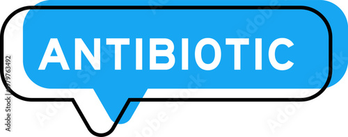 Speech banner and blue shade with word antibiotic on white background