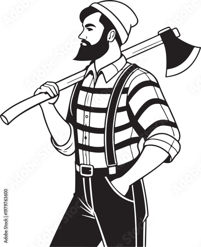 Vector illustration of an old medieval warrior drawing a sword and holding an axe in a black cartoon sketch style