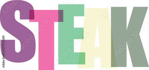 Steak meat typography vector illustration with colorful layered lettering on grid background.