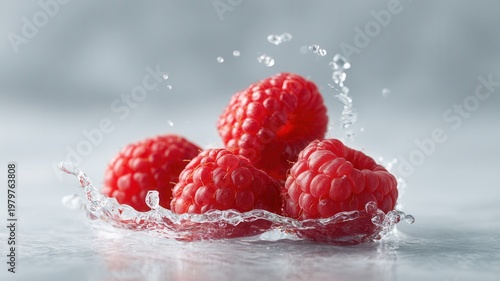 Fresh raspberries splashing in clear cool water on a white background, symbolizing freshness, healthy and fruit eating summer