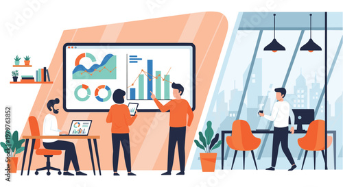 Business team collaboration in modern office with presentation on screen in flat design for corporate website