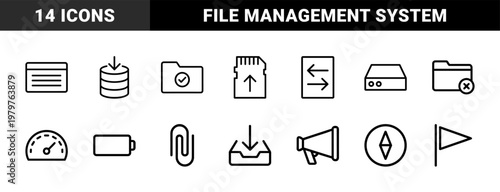 Data transfer and file management line icon set