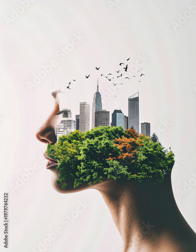 Serene woman's profile embodies a modern cityscape and vibrant forest with birds flying in the sky