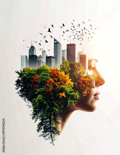 Calm woman's profile blending with a bustling cityscape, lush trees, and a flock of birds flying freely under sunlight