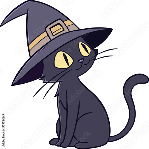 Cute cartoon illustration of a black feline kitten sitting with a mouse and wearing a Halloween hat in a flat vector art style design