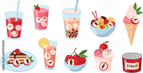 Refreshing Summer Drinks and Dessert Illustration Set Featuring Smoothies, Bubble Tea, Ice Cream, Fruit Bowls, and Sweet Treats for Cafe Menu and Food Design