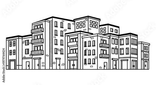 Modern Apartment Building Facade Line Drawing.