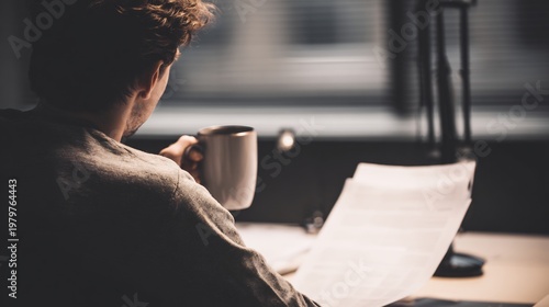 Over shoulder view of same person sitting modern office desk holding coffee mug while looking document relaxed moment same lighting composition minimal workspace neutral tone shallow depth of field