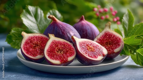 Fresh figs displaying rich red pulp on a plate with green leaves, healthy organic food balanced diet