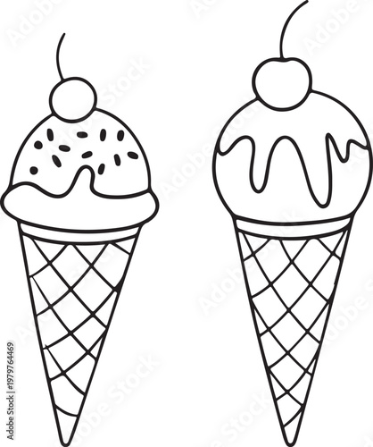 This delicious cartoon ice cream set features strawberry, chocolate, and vanilla cones with tasty frozen waffles and sweet cold treats isolated as a summer food dessert vector illustration icon