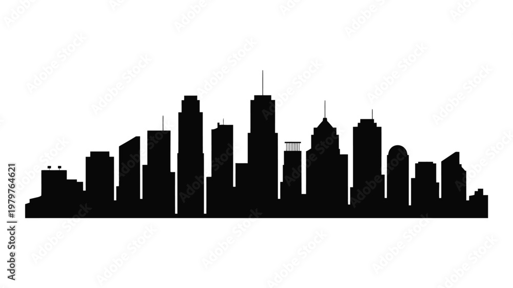 Naklejka premium Modern cityscape skyline vector with sleek black silhouettes of skyscrapers and tall buildings against a white background minimalist urban design