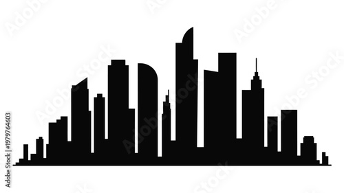 Modern black skyline silhouette of towering skyscrapers in a sleek minimalist vector illustration style