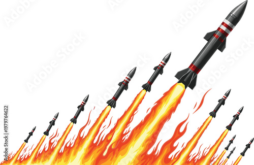 Rocket launch formation with fiery flames and smoke trail, futuristic space mission concept illustration for technology innovation, startup growth, and aerospace exploration theme