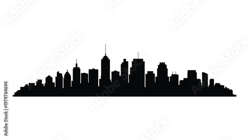 Modern cityscape skyline silhouette vector illustration featuring tall buildings and skyscrapers in a minimalist black and white style