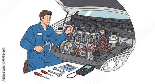 Mechanic working on car engine with tools and diagnostic equipment.
