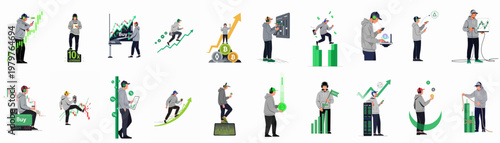Vector illustrations set of a young man engaged in cryptocurrency trading, market analysis, and blockchain investment activities on a white background.