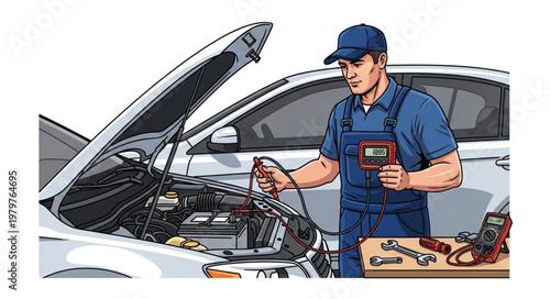 Mechanic working on car engine with tools and diagnostic equipment.