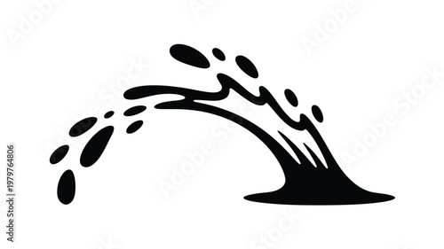 Dynamic black liquid splash in mid air minimalist vector illustration with bold droplets and fluid motion isolated on white background