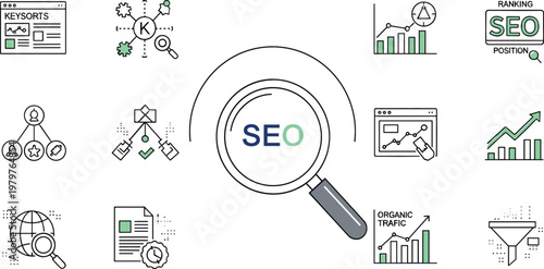 SEO Optimization and Digital Marketing Illustration Featuring Search Engine Ranking, Keyword Analysis, Organic Traffic Growth, Website Performance, and Online Visibility Strategy Concepts