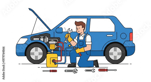 Mechanic working on car engine with tools and equipment.