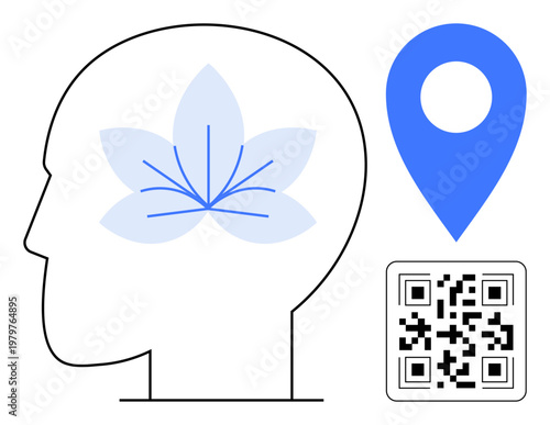 Wellness, digital identity, location-based services, mindfulness, QR technology, modern design. Human head silhouette with a flower, QR code and location pin graphic. Wellness and digital identity